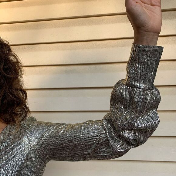 Zara silver metallic long-sleeved V-overlap front blouse, bell elastic cuffs, S - Picture 4 of 11